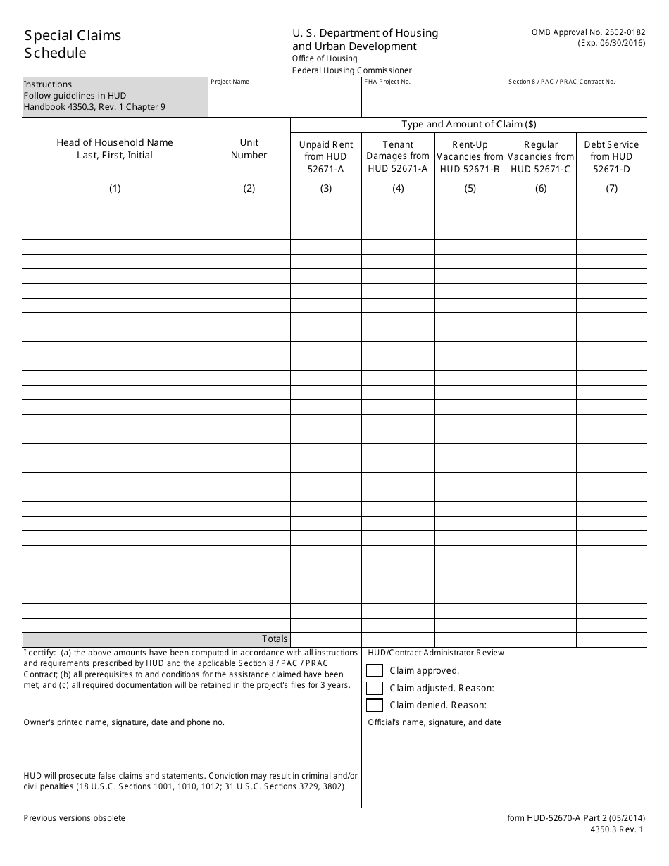 Form HUD-52670-A PART2 Special Claims Schedule, Page 1