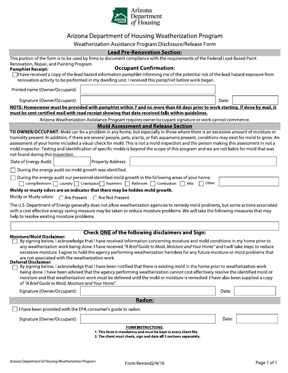 Weatherization Assistance Program Disclosure / Release Form - Arizona, Page 1