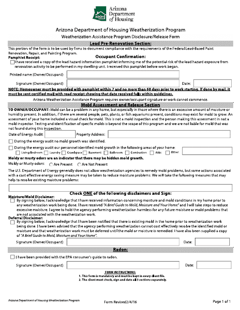 Weatherization Assistance Program Disclosure / Release Form - Arizona Download Pdf