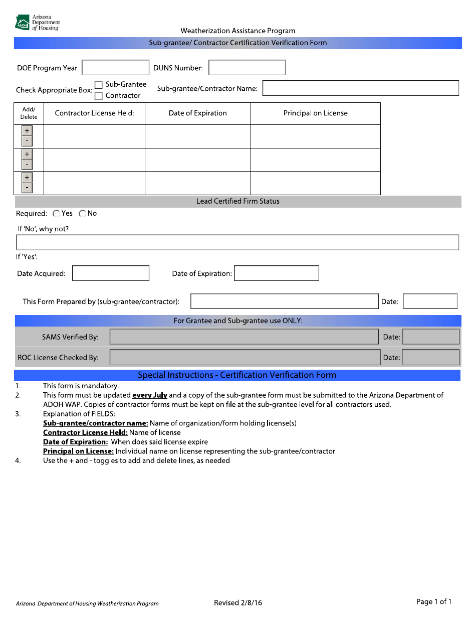 Sub-grantee / Contractor Certification Verification Form - Arizona, Page 1