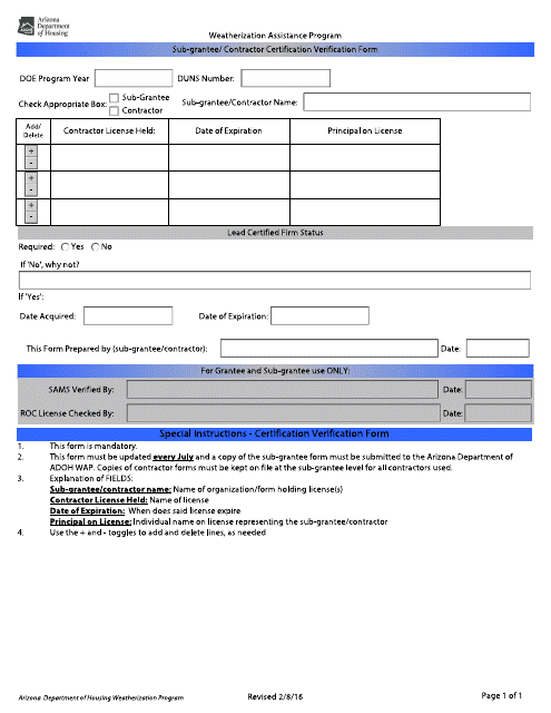 Sub-grantee/Contractor Certification Verification Form - Arizona
