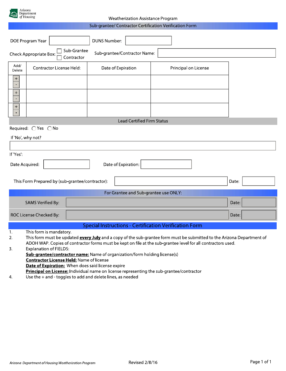 Arizona Sub-grantee/Contractor Certification Verification Form - Fill ...