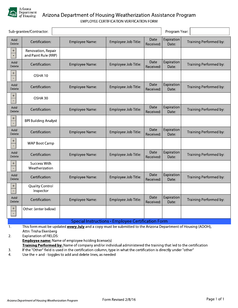 Employee Certification Verification Form - Arizona, Page 1
