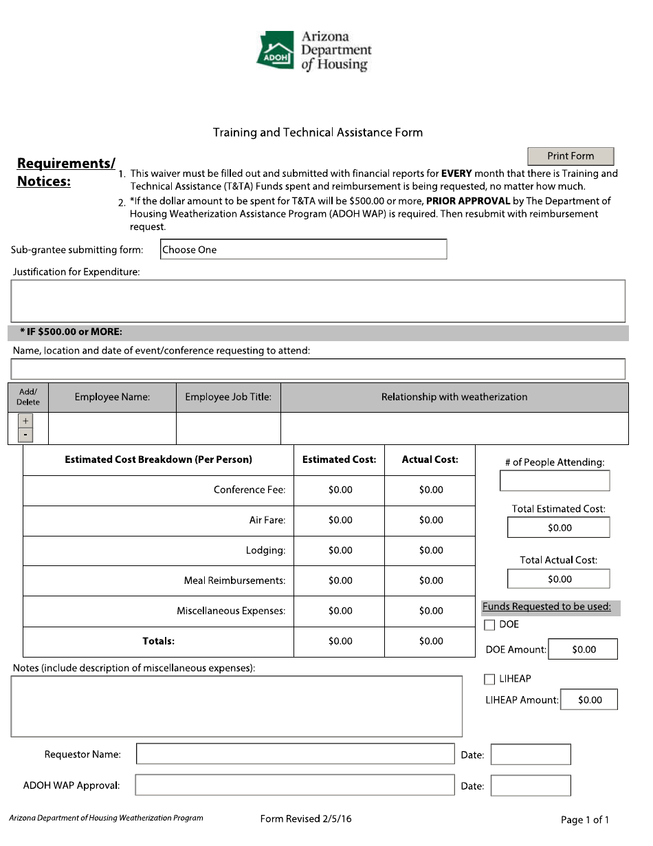 Training and Technical Assistance Form - Arizona, Page 1