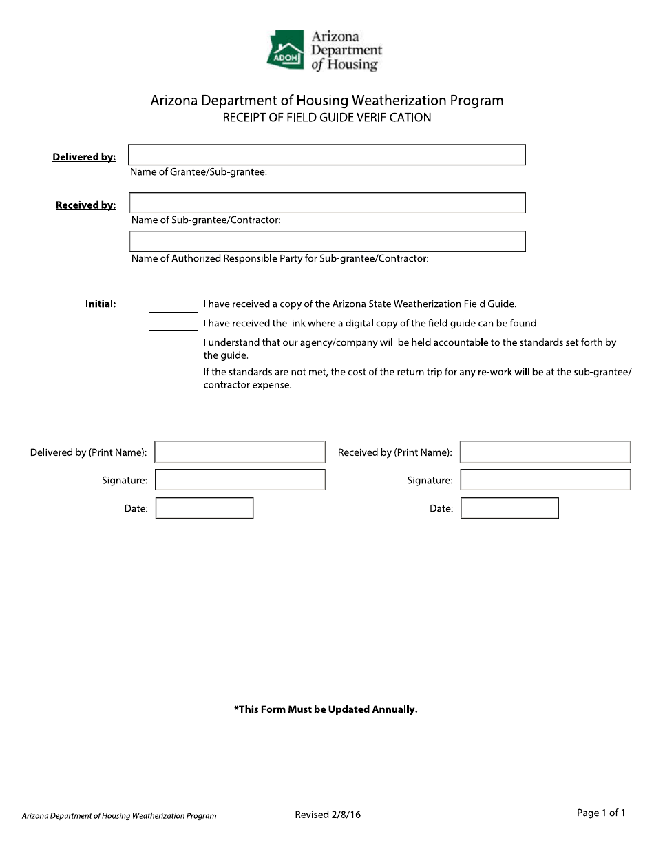 Receipt of Field Guide Verification Form - Arizona, Page 1