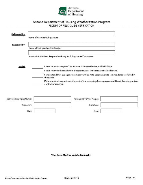 Receipt of Field Guide Verification Form - Arizona