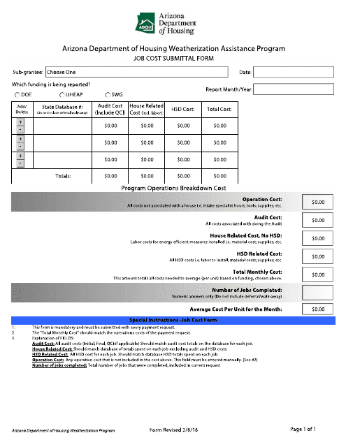 Job Cost Submittal Form - Arizona Download Pdf