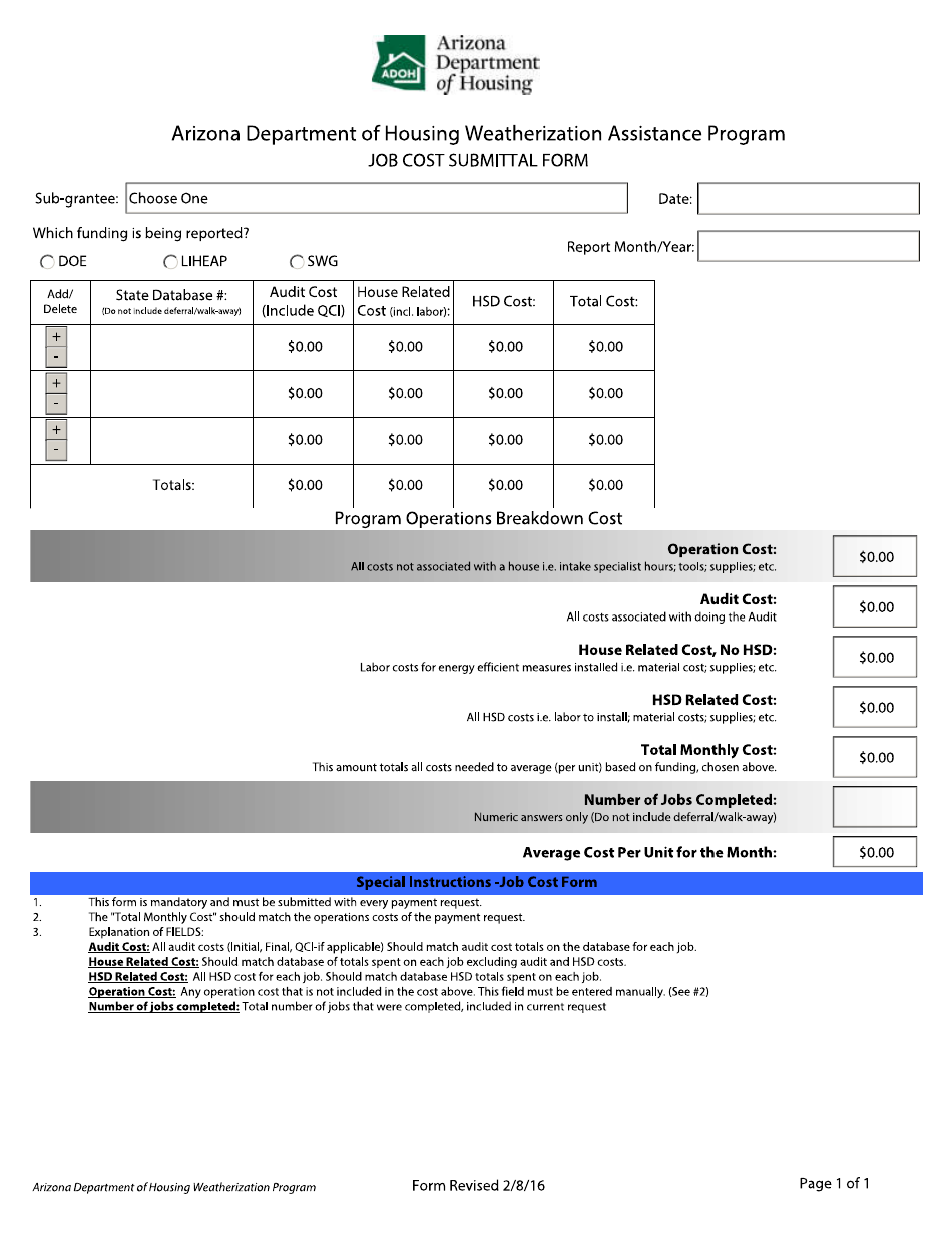 Job Cost Submittal Form - Arizona, Page 1