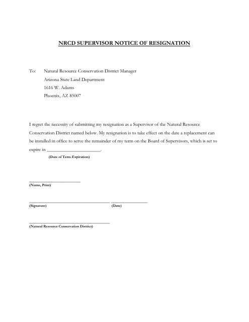 Nrcd Supervisor Notice of Resignation - Arizona