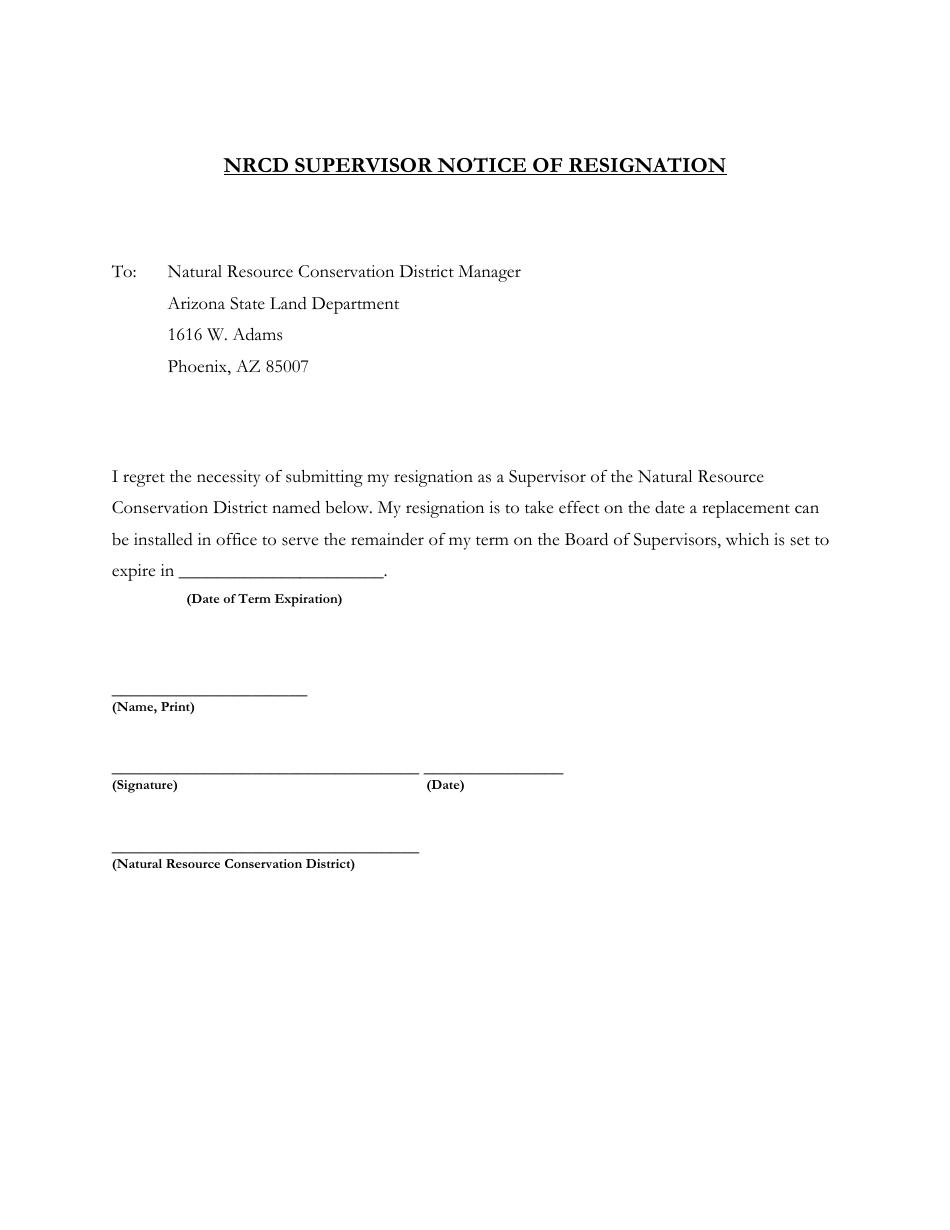 Nrcd Supervisor Notice of Resignation - Arizona, Page 1