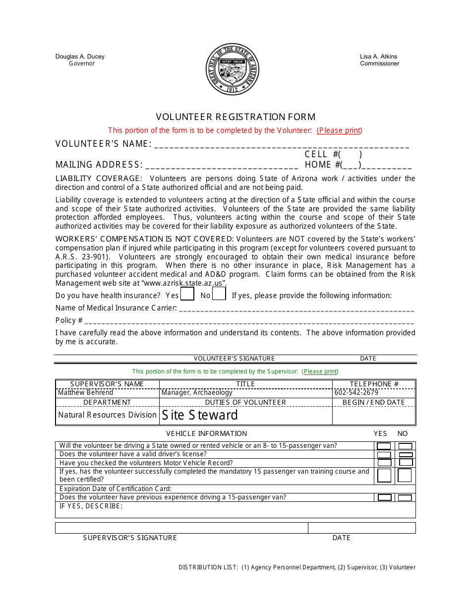 Volunteer Registration Form - Arizona, Page 1