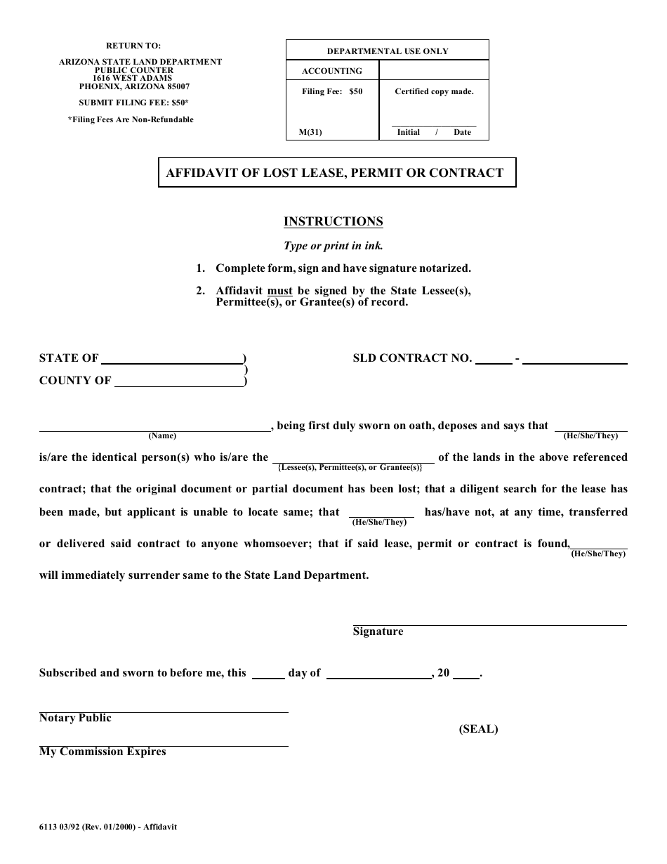 Form 6113 Affidavit of Lost Lease, Permit or Contract - Arizona, Page 1