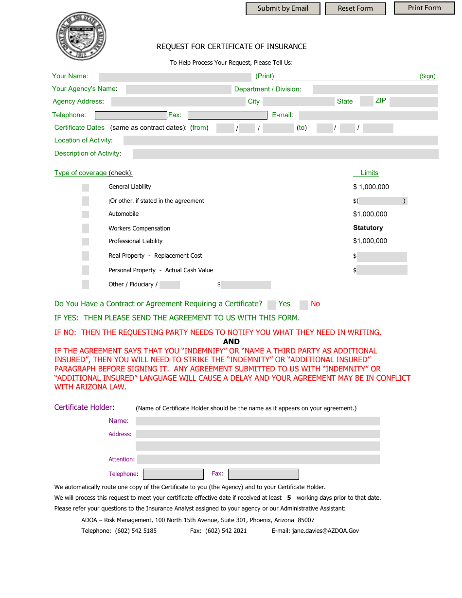 Request for Certificate of Insurance - Arizona, Page 1