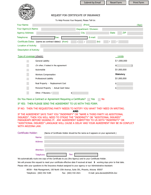 Arizona Request for Certificate of Insurance Download Fillable PDF