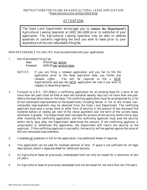 Instructions for "Filing an Agricultural Lease Application" - Arizona Download Pdf