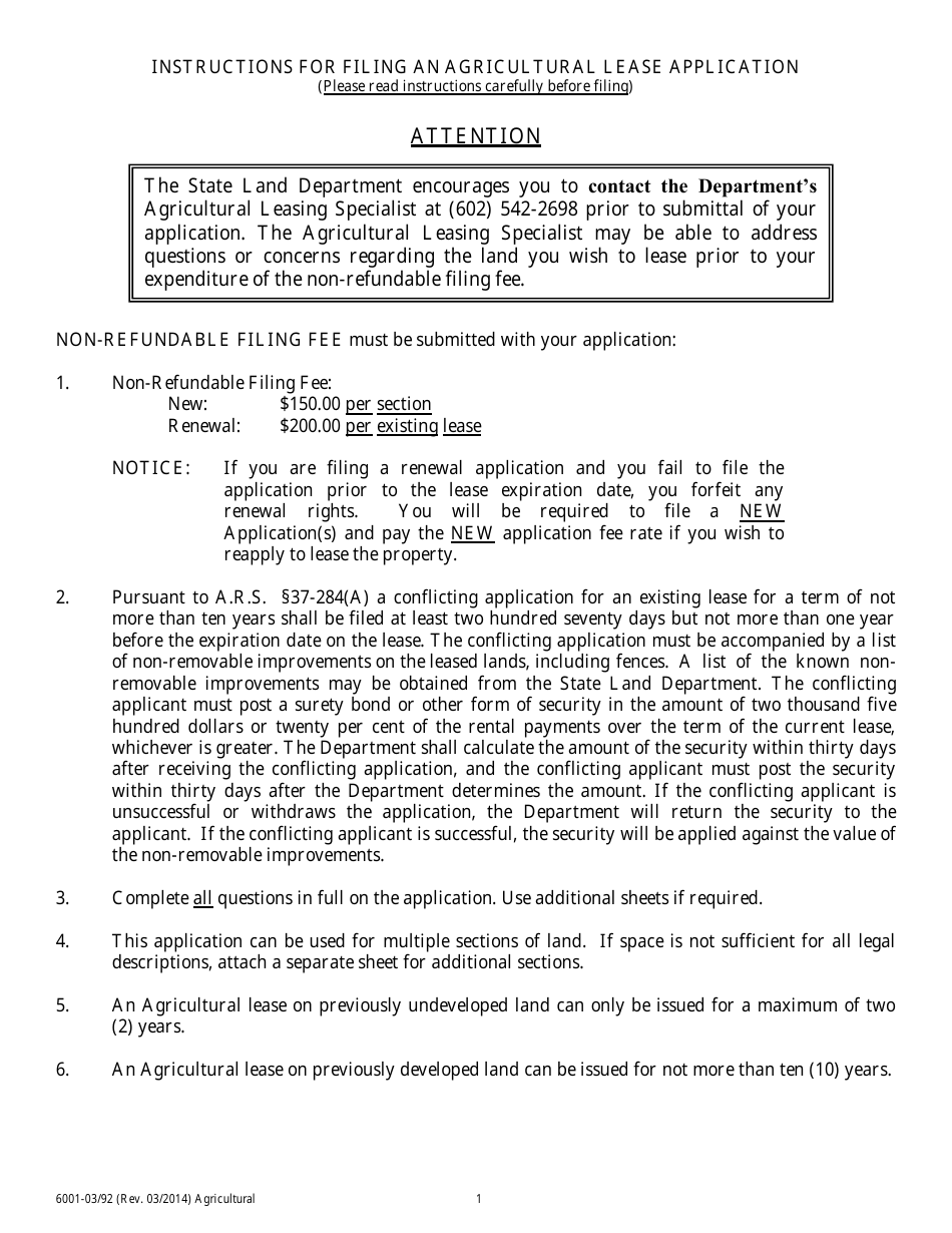 Instructions for Filing an Agricultural Lease Application - Arizona, Page 1