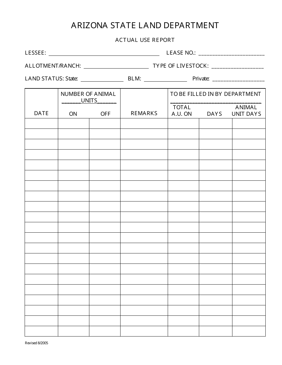 Actual Use Report Form - Arizona, Page 1