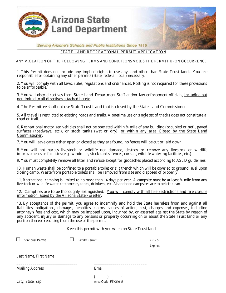 State Land Recreational Permit Application Form - Arizona, Page 1