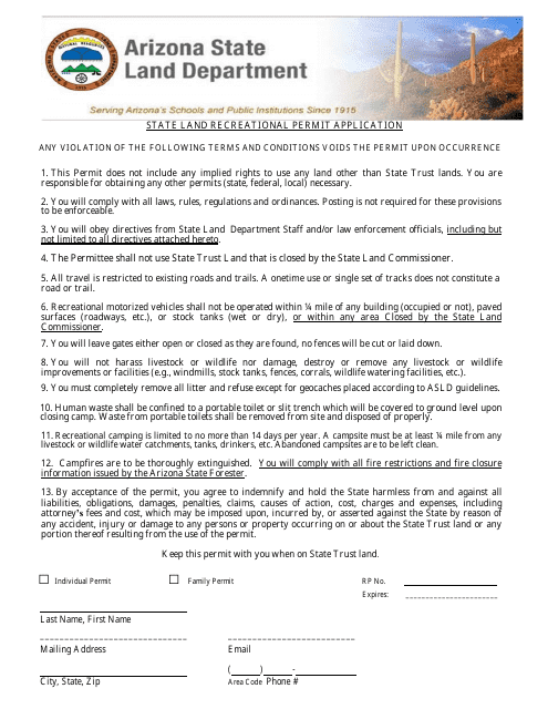 State Land Recreational Permit Application Form - Arizona Download Pdf