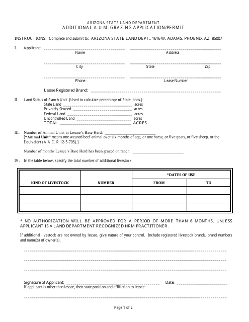 Additional a.u.m. Grazing Application/Permit Form - Arizona