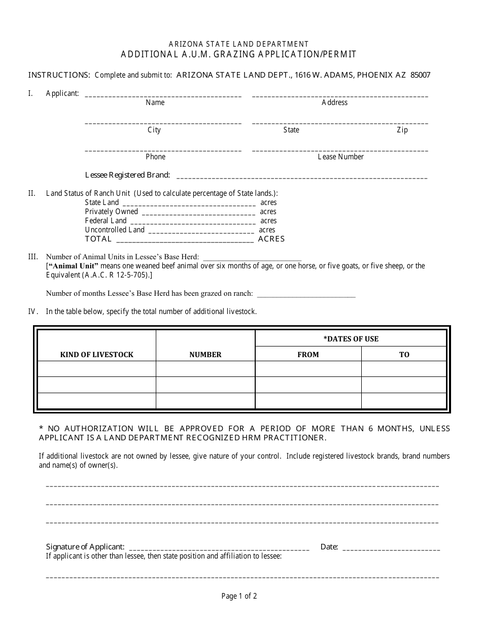 Arizona Additional a.u.m. Grazing Application/Permit Form Fill Out