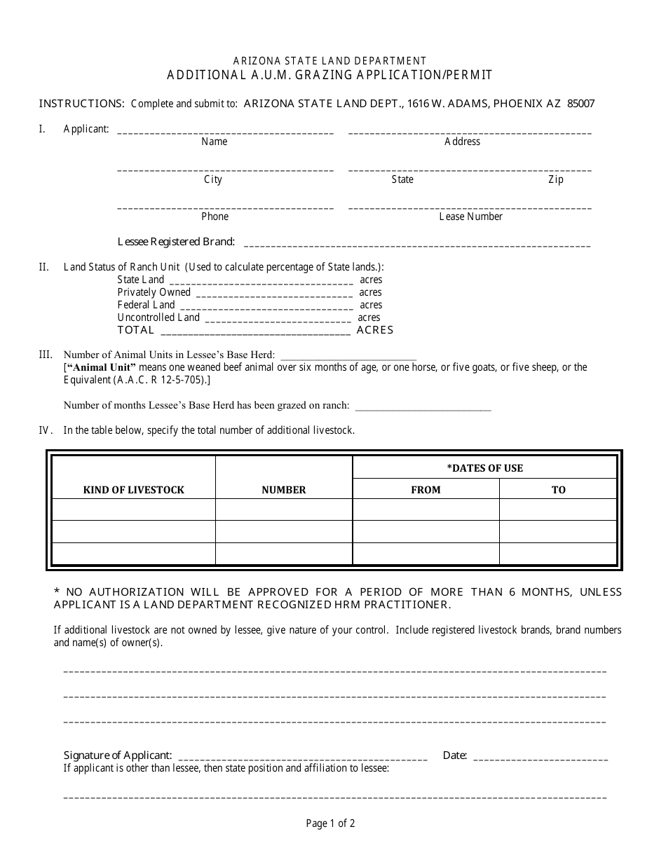 Additional a.u.m. Grazing Application / Permit Form - Arizona, Page 1