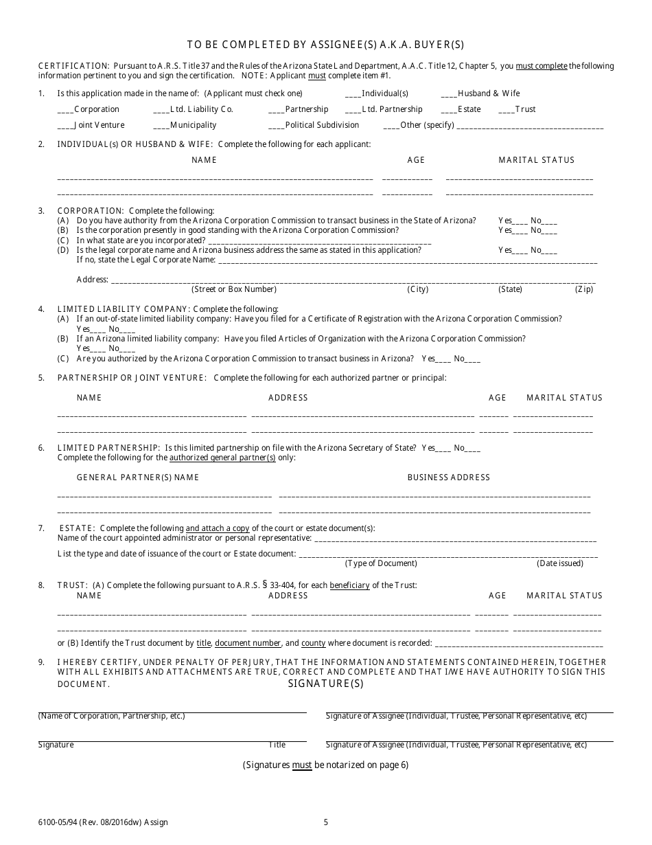 Form 6100 Assignor and Assignee Notary Page - Arizona, Page 3