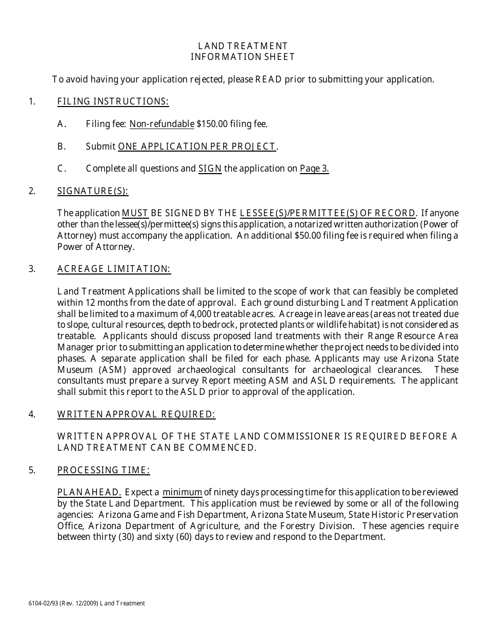 Form 6104 Land Treatment Application - Arizona, Page 1
