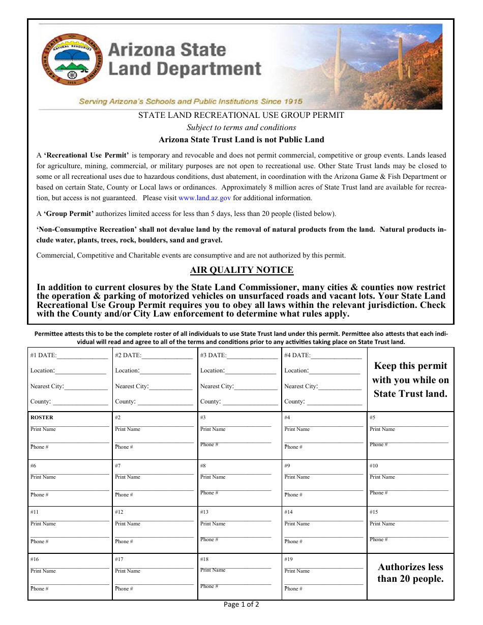State Land Recreational Use Group Permit Form - Arizona, Page 1