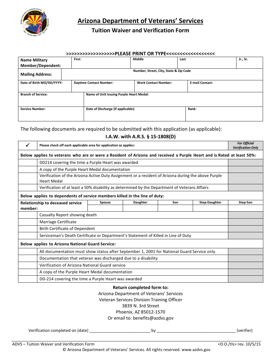 Tuition Waiver and Verification Form - Arizona, Page 1