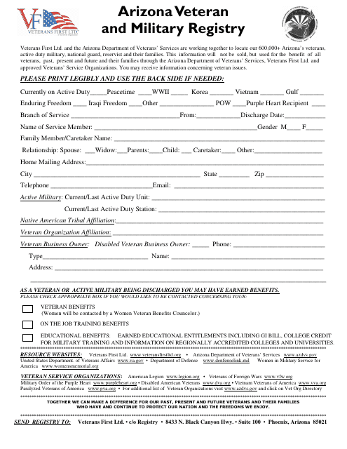 Arizona Veteran and Military Registry Registration Form - Arizona Download Pdf