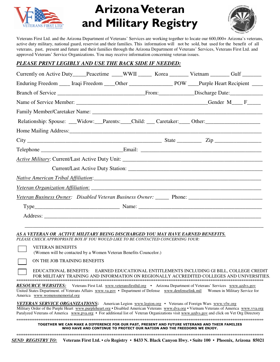 Arizona Veteran and Military Registry Registration Form - Arizona, Page 1