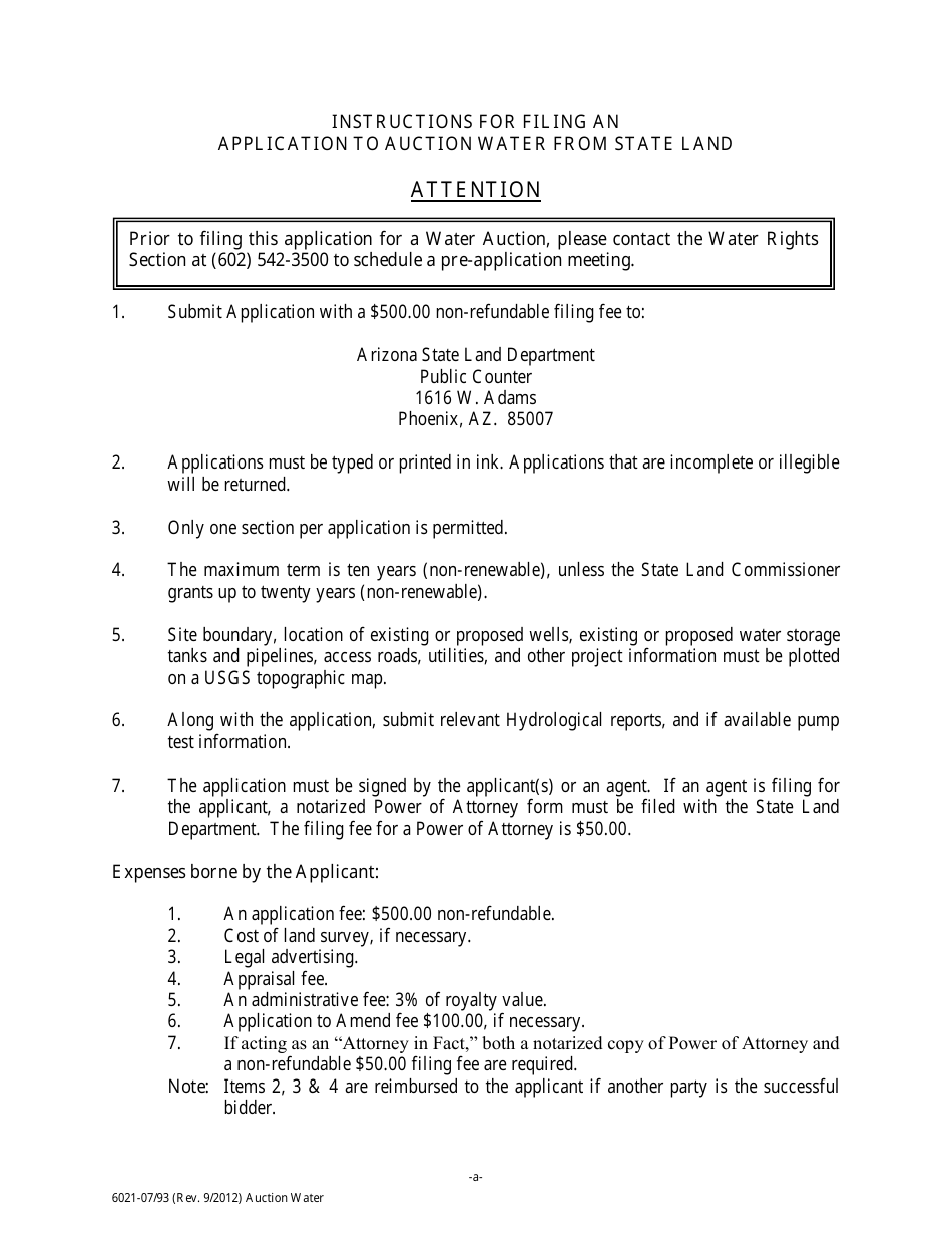 Form 6021 Application to Auction Water From State Land - Arizona, Page 1