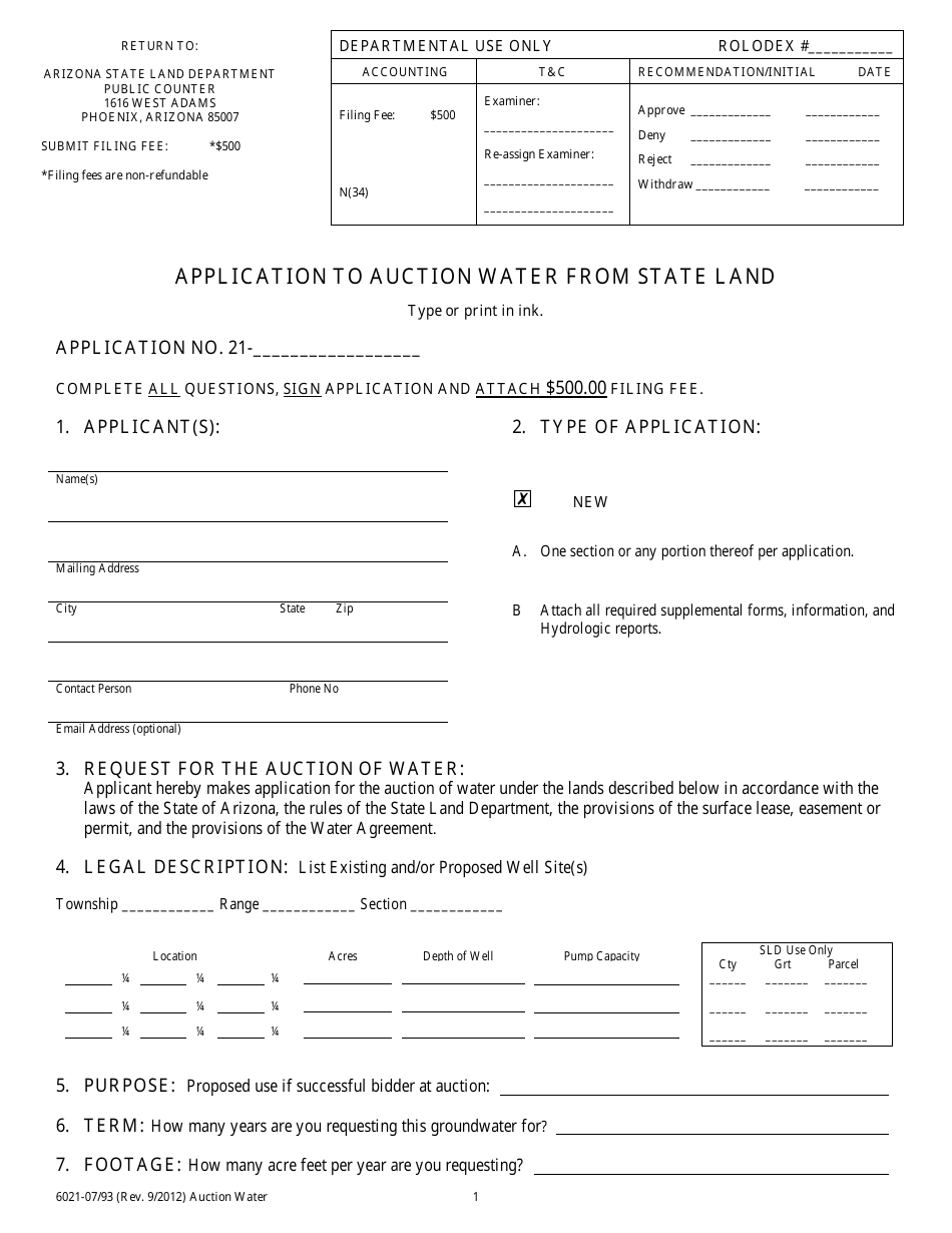 Form 6021 Application to Auction Water From State Land - Arizona, Page 3