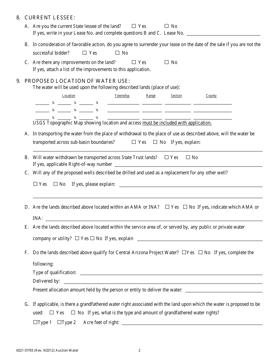 Form 6021 Application to Auction Water From State Land - Arizona, Page 4