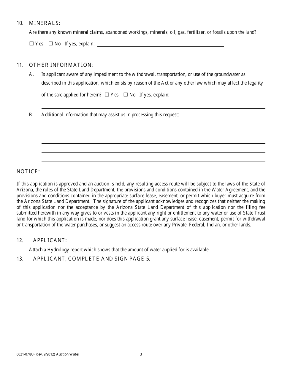Form 6021 Application to Auction Water From State Land - Arizona, Page 5