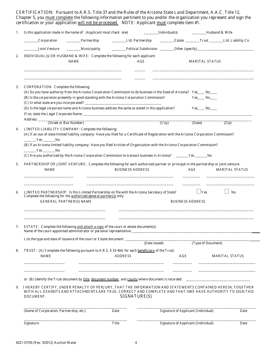 Form 6021 Application to Auction Water From State Land - Arizona, Page 6
