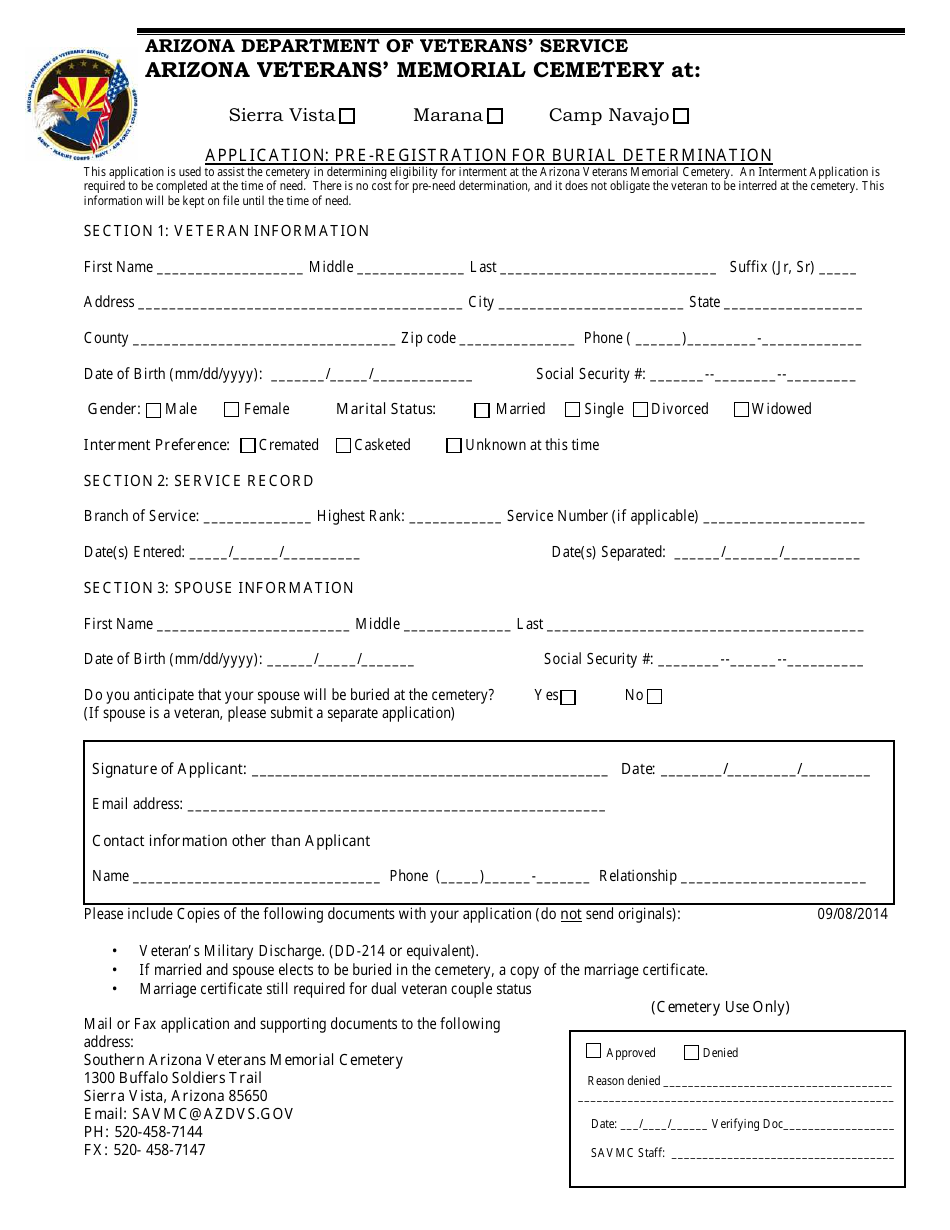 Application: Pre-registration for Burial Determination - Arizona, Page 1