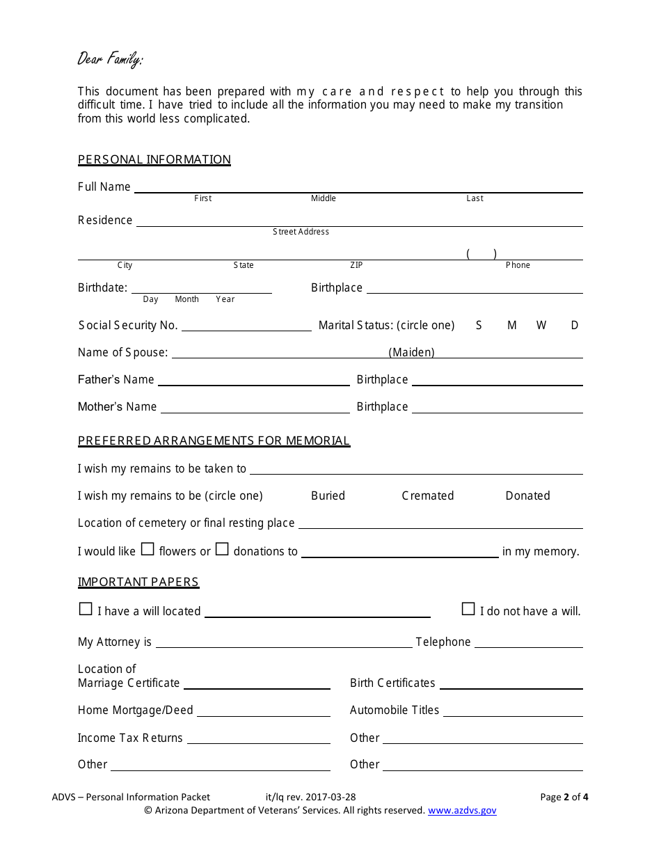 Arizona Personal Information Form - Fill Out, Sign Online and Download ...