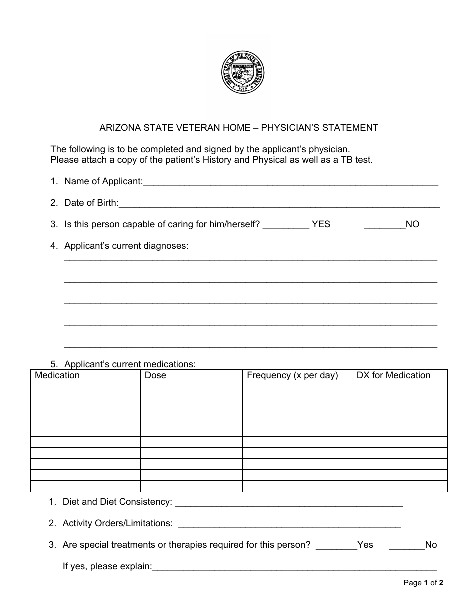 Form ASVH05-035 Physician's Statement - Arizona, Page 1