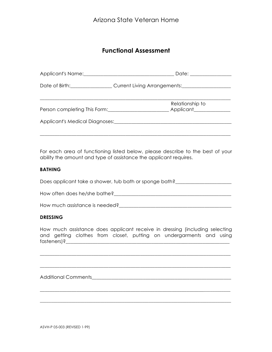 Form ASVH-P05-003 Functional Assessment - Arizona, Page 1