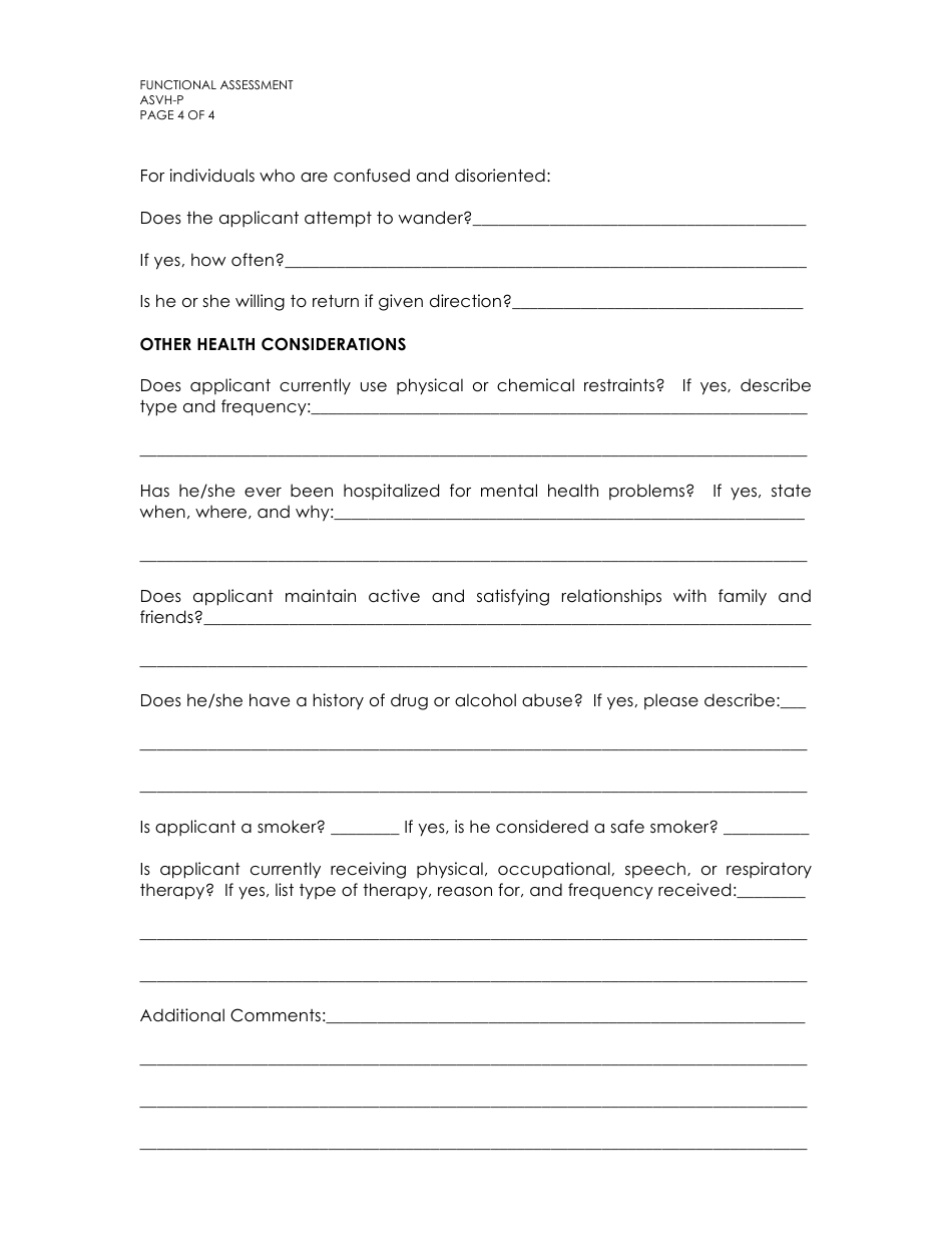 Form ASVH-P05-003 Functional Assessment - Arizona, Page 4