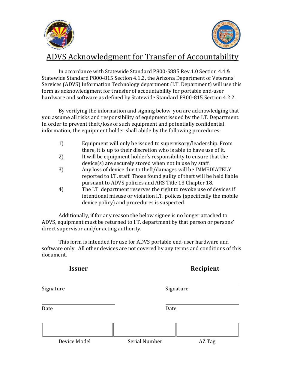 Advs Acknowledgment for Transfer of Accountability - Arizona, Page 1
