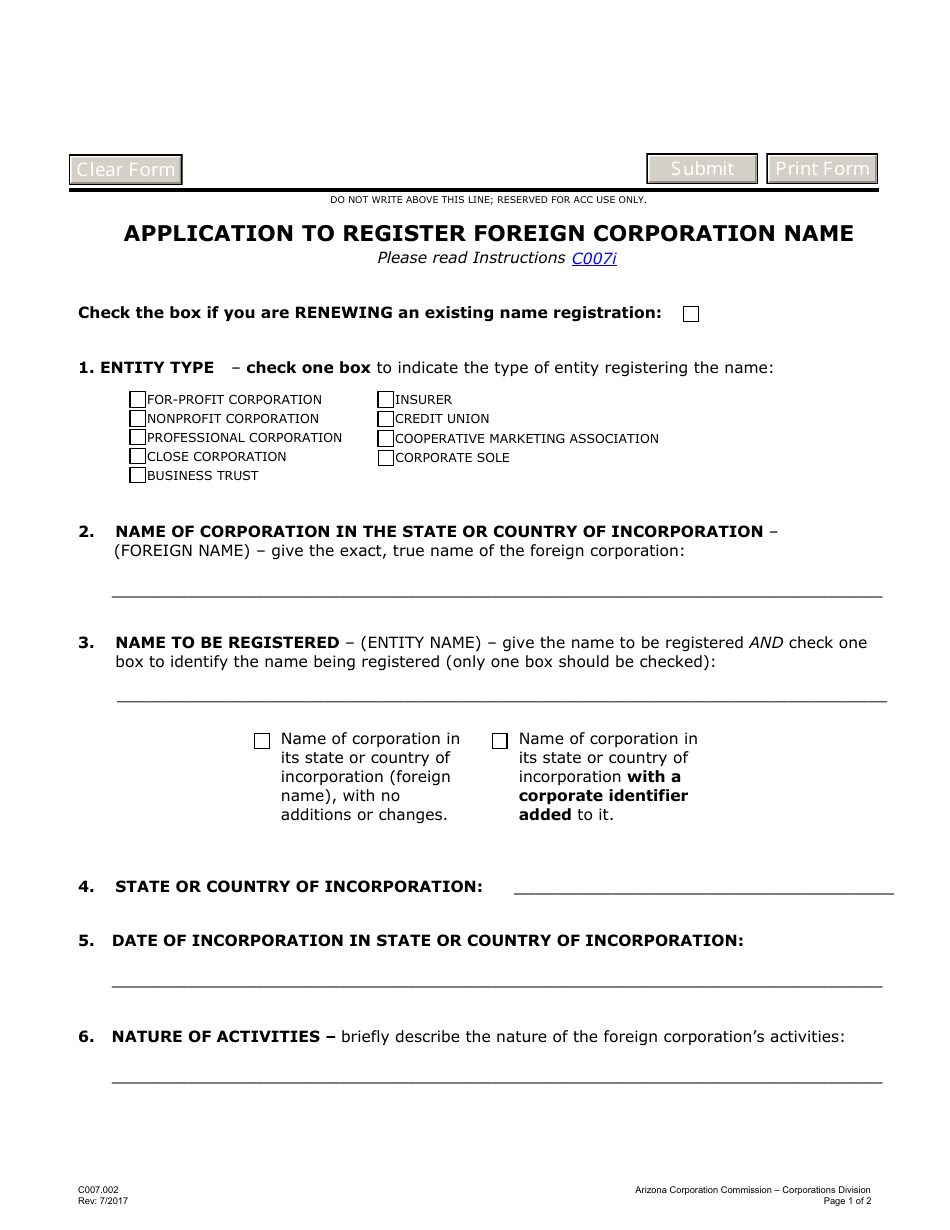 Form C007.002 Application to Register Foreign Corporation Name - Arizona, Page 1