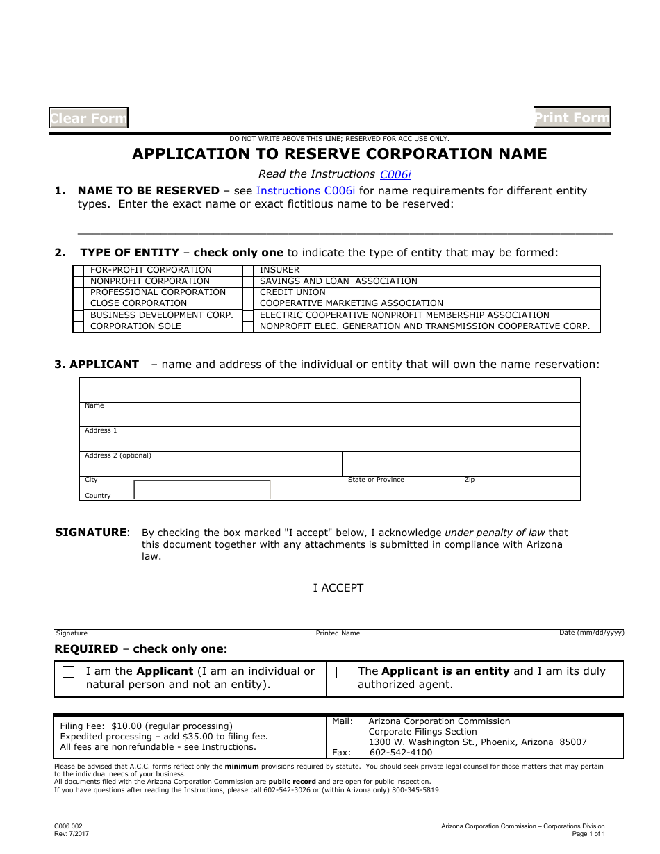 Form C006.002 Application to Reserve Corporation Name - Arizona, Page 1