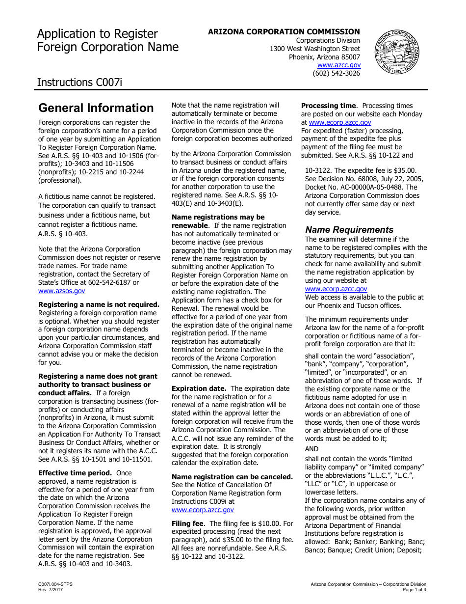 Download Instructions for Form C007.002 Application to Register Foreign Corporation Name PDF