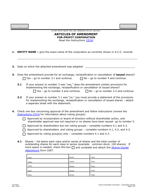 Form C014.002 Articles of Amendment for-Profit Corporation - Arizona