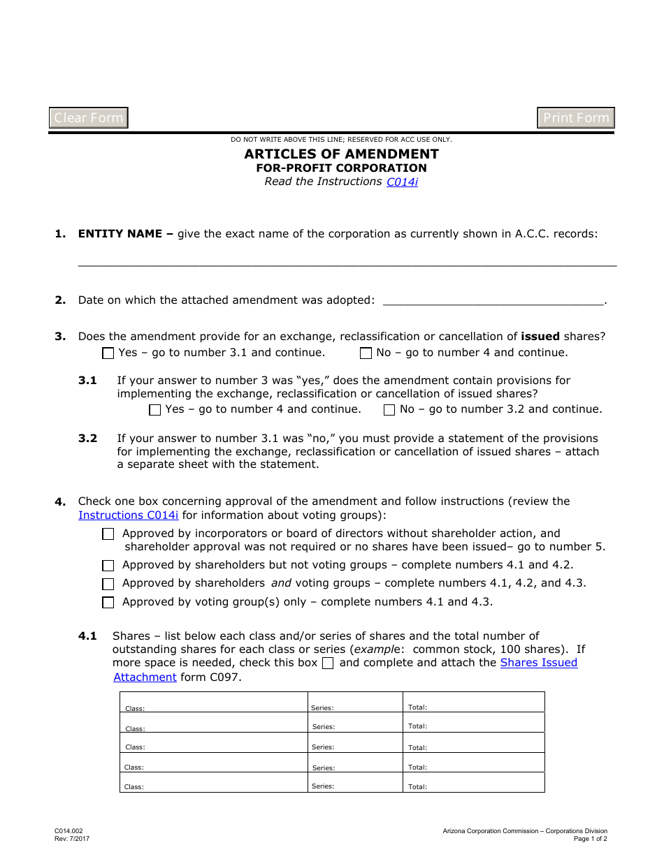 Form C014.002 Articles of Amendment for-Profit Corporation - Arizona, Page 1