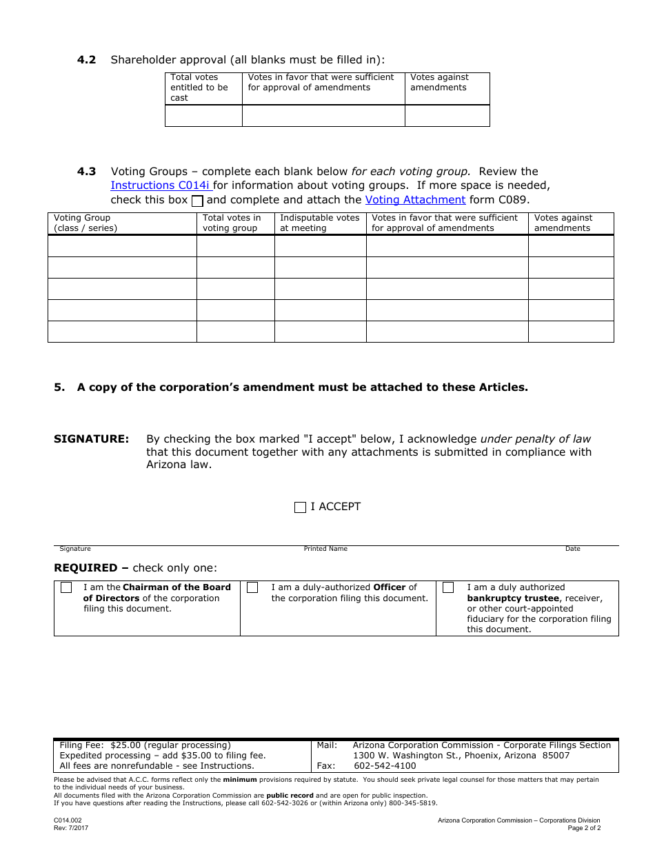 Form C014.002 Articles of Amendment for-Profit Corporation - Arizona, Page 2
