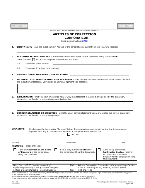 Form C031.002 Articles of Correction Corporation - Arizona